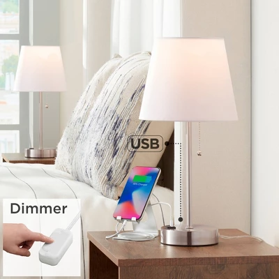 360 Lighting Justin Modern Accent Table Lamps 18" High Set Of 2 Silver With USB Charging Port And Table Top Dimmers White Shade For Bedroom Home Desk 3 360 Lighting Justin Modern Accent Table Lamps 18" High Set Of 2 Silver With USB Charging Port And Table Top Dimmers White Shade For Bedroom Home Desk