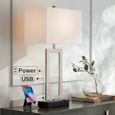 360 Lighting Todd Modern Table Lamp 30" Tall Steel Open Rectangle With USB And AC Power Outlet In Base White Shade For Bedroom Living Room Bedside 3 360 Lighting Todd Modern Table Lamp 30" Tall Steel Open Rectangle With USB And AC Power Outlet In Base White Shade For Bedroom Living Room Bedside