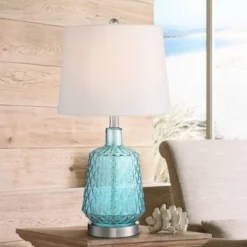360 Lighting Ronald Modern Coastal Accent Table Lamp 22" High Blue Textured Glass Nickel Pole White Drum Shade For Bedroom Living Room Nightstand