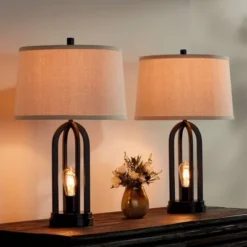 360 Lighting Marcel Industrial Table Lamps 24 1/4" High Set Of 2 Black With LED Nightlight USB Port Natural Shade For Bedroom Living Room House Desk -360 Lighting GUEST 19fbf235 659f 46e3 8dd6 aac101f235be