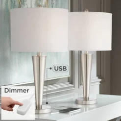 360 Lighting Geoff Modern Table Lamps 26" High Set Of 2 Brushed Nickel With USB Charging Port Table Top Dimmers White Drum Shade For Living Room Desk