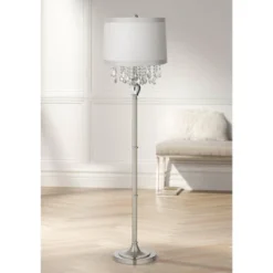 360 Lighting Modern Floor Lamp Standing 60 1/2" Tall Satin Steel Silver Crystal Off White Fabric Drum Shade For Living Room Bedroom Office House Home
