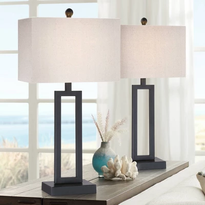 360 Lighting Aston Modern Industrial Table Lamps 26" High Set Of 2 Rich Black Openwork Metal Off White Fabric Shade For Bedroom Living Room Bedside 3 360 Lighting Aston Modern Industrial Table Lamps 26" High Set Of 2 Rich Black Openwork Metal Off White Fabric Shade For Bedroom Living Room Bedside
