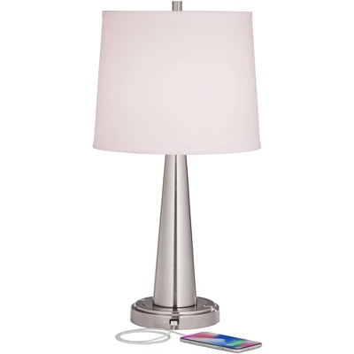 360 Lighting Karla Art Deco Style Table Lamps 25" High Set Of 2 Brushed Nickel With USB Charging Port And Table Top Dimmers White Fabric Drum For Desk 4 360 Lighting Karla Art Deco Style Table Lamps 25" High Set Of 2 Brushed Nickel With USB Charging Port And Table Top Dimmers White Fabric Drum For Desk - Image 2