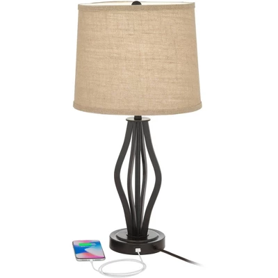 360 Lighting Heather Modern Industrial Table Lamps 25 3/4" High Set Of 2 Dark Iron With USB Charging Port Burlap Drum Shade For Bedroom House Desk 4 360 Lighting Heather Modern Industrial Table Lamps 25 3/4" High Set Of 2 Dark Iron With USB Charging Port Burlap Drum Shade For Bedroom House Desk - Image 2