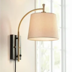 360 Lighting Chester Modern Swing Arm Wall Lamp Brass Black Plug-in Light Fixture Tan Drum Shade For Bedroom Bedside Living Room Reading Home House