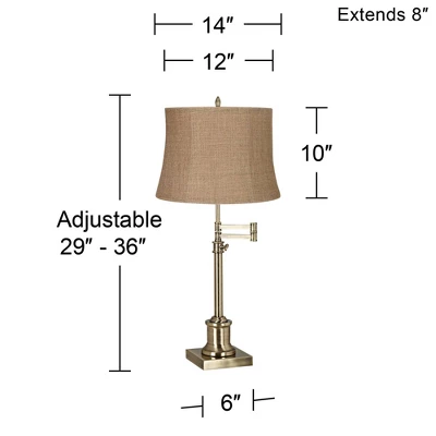 360 Lighting Traditional Swing Arm Desk Table Lamp Adjustable Height 36" Tall Antique Brass Natural Burlap Fabric Drum Shade Living Room 4 360 Lighting Traditional Swing Arm Desk Table Lamp Adjustable Height 36" Tall Antique Brass Natural Burlap Fabric Drum Shade Living Room - Image 2