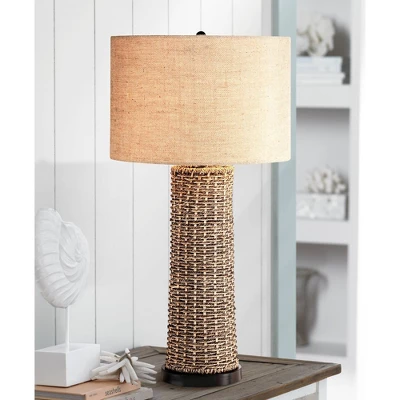 360 Lighting Coastal Table Lamp 28.5" Tall Woven Seagrass Burlap Drum Shade For Living Room Family Bedroom Bedside Nightstand Office 3 360 Lighting Coastal Table Lamp 28.5" Tall Woven Seagrass Burlap Drum Shade For Living Room Family Bedroom Bedside Nightstand Office