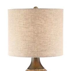 360 Lighting Emma Modern Mid Century Accent Table Lamp 21" High Wood Brown Ceramic Oatmeal Drum Shade For Bedroom Living Room Bedside Nightstand Home -360 Lighting GUEST 4295ca49 01d4 4f68 a7e1 2c8bf6787770