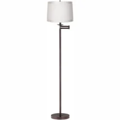 360 Lighting Modern Swing Arm Floor Lamp 60.5" Tall Bronze Off White Self Trim Fabric Drum Shade For Living Room Reading Bedroom Office