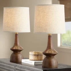 360 Lighting Mid Century Modern Table Lamps 24" High Set Of 2 Walnut Faux Wood Brass Off White Drum Shade For Bedroom Living Room House Home Bedside