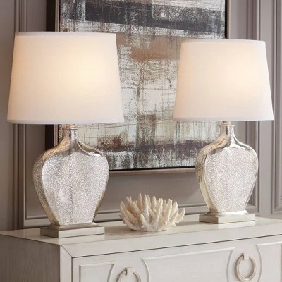 360 Lighting Axel Modern Table Lamps 25" High Set Of 2 Mercury Glass White Fabric Drum Shade For Bedroom Living Room Bedside Nightstand Office Kids 3 360 Lighting Axel Modern Table Lamps 25" High Set Of 2 Mercury Glass White Fabric Drum Shade For Bedroom Living Room Bedside Nightstand Office Kids