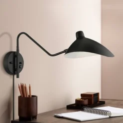 360 Lighting Colborne Modern Swing Arm Wall Lamp Black Metal Plug-in Light Fixture Up Down Shade For Bedroom Bedside Living Room Reading Home House