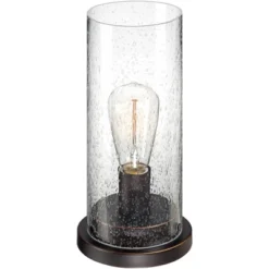 360 Lighting Libby Rustic Farmhouse Accent Table Lamp 12" High Bronze Metal LED Seedy Glass Cylinder Shade For Bedroom Bedside Nightstand Office House -360 Lighting GUEST 5434f30b 37b5 47f7 8a17 b95b9b9e235e