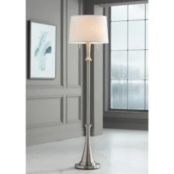 360 Lighting Karl Modern Floor Lamp Standing 63 3/4" Tall Brushed Nickel Metal White Tapered Drum Shade For Living Room House Bedroom Office Family