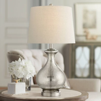 360 Lighting Albert Modern Table Lamp 24 3/4" High Mercury Glass Gourd Oatmeal Drum Shade For Bedroom Living Room Bedside Nightstand Office Kids House 3 360 Lighting Albert Modern Table Lamp 24 3/4" High Mercury Glass Gourd Oatmeal Drum Shade For Bedroom Living Room Bedside Nightstand Office Kids House