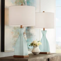 360 Lighting Ryan Modern Coastal Table Lamps 28 1/2" Tall Set Of 2 Blue Glass White Drum Shade For Bedroom Living Room Bedside Nightstand Office House