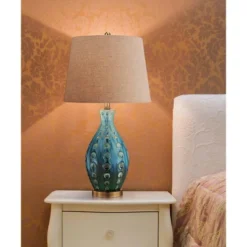 360 Lighting Mid Century Modern Table Lamp Vase 26.5" High Teal Handmade Tan Linen Tapered Drum Shade For Living Room Family Bedroom (Color May Vary) -360 Lighting GUEST 6a4c15e3 7379 4cff b844 3f5b6ef97f0a