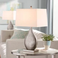 360 Lighting Royce Modern Table Lamps 24 1/2" High Set Of 2 Silver Metal Teardrop Off White Rectangular Shade For Bedroom Living Room Bedside Office