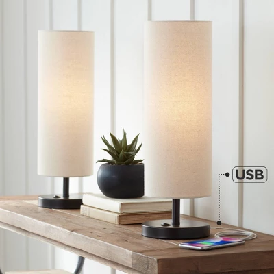 360 Lighting Heyburn Modern Accent Table Lamps 20" High Set Of 2 Bronze With USB And AC Power Outlet In Base Oatmeal Cylinder Shade For Bedroom Desk 3 360 Lighting Heyburn Modern Accent Table Lamps 20" High Set Of 2 Bronze With USB And AC Power Outlet In Base Oatmeal Cylinder Shade For Bedroom Desk