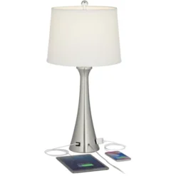 360 Lighting Karl Modern Table Lamps 27 1/2" Tall Set Of 2 Brushed Nickel With USB And Outlet White Drum Shade For Bedroom Living Room House Bedside -360 Lighting GUEST 8281a9c2 4f5f 4109 a6c7 35bf3c4f3222