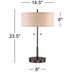 360 Lighting Modern Accent Table Lamp With USB And AC Power Outlet 23 1/2" High Bronze Fabric Drum Shade For Bedroom Living Room House Desk Bedside -360 Lighting GUEST 829b3c00 520e 44ee 9e33 b6c313870aae