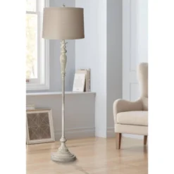 360 Lighting Vintage Shabby Chic Floor Lamp 60" Tall Antique White Washed Natural Linen Fabric Drum Shade For Living Room Reading Bedroom Office