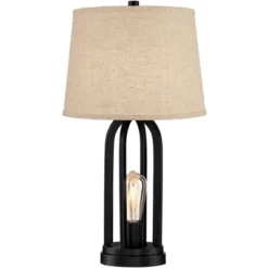360 Lighting Marcel Industrial Table Lamps 24 1/4" High Set Of 2 Black With USB Port LED Nightlight Burlap Drum Shade For Bedroom Living Room Desk -360 Lighting GUEST 85d8803d 9835 4606 831b 7090d5efa50a
