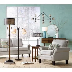 360 Lighting Modern Floor Lamp 56" Tall Dark Bronze Twin Arm Adjustable Gooseneck Neutral Cotton Drum Shade For Living Room Reading Bedroom -360 Lighting GUEST 8778746e a651 4f25 bf32 7ca27c5ef7ef