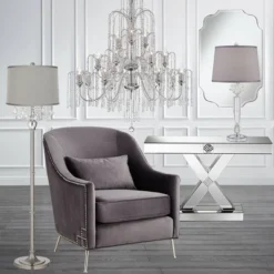 360 Lighting Modern Floor Lamp 62.5" Tall Satin Steel Chrome Crystal Chandelier Platinum Gray Silk Drum Shade For Living Room Reading Bedroom -360 Lighting GUEST 896e0176 c092 4f51 bc59 2e28ad869413