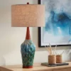 360 Lighting Rocco Modern Mid Century Table Lamp 30" Tall Blue Teal Glaze Ceramic Linen Drum Shade For Bedroom Living Room Bedside Nightstand Office -360 Lighting GUEST 9307e1d1 f702 4116 8743 7eb4b1568f8a