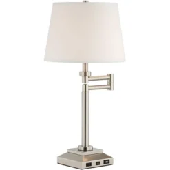 360 Lighting Camber Modern Desk Table Lamp 29" Tall Brushed Steel With USB And AC Power Outlet In Base Swing Arm Linen Shade For Bedroom Living Room -360 Lighting GUEST 9aaaee7a 86be 4aff b573 fe5d3e65423a