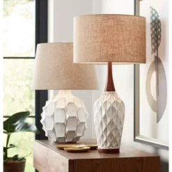 360 Lighting Rocco Modern Mid Century Table Lamp 30" Tall White Geometric Ceramic Wood Tan Fabric Drum Shade For Bedroom Living Room Bedside Office -360 Lighting GUEST 9e610141 9856 4a8b 9b6a c6b1db906048
