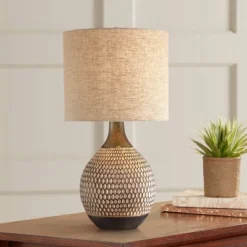 360 Lighting Emma Modern Mid Century Accent Table Lamp 21" High Wood Brown Ceramic Oatmeal Drum Shade For Bedroom Living Room Bedside Nightstand Home
