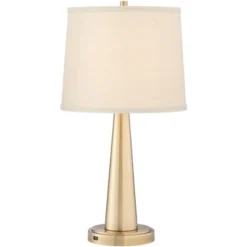 360 Lighting Modern Table Lamps 25" High Set Of 2 With USB Charging Port Brass Metal Beige Drum Shade For Bedroom Living Room House Desk Bedside Home -360 Lighting GUEST a5e5b0d8 d710 46e7 8fc9 30f0c64f6448