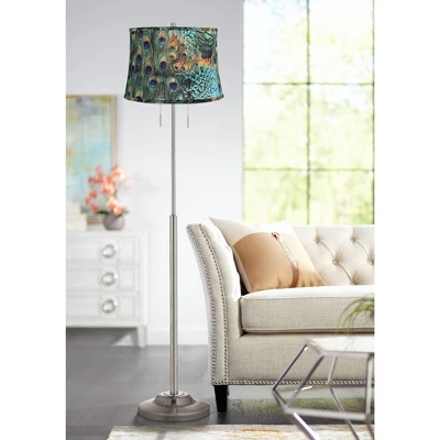 360 Lighting Abba Modern Floor Lamp Standing 66" Tall Brushed Nickel Silver Metal Peacock Print Drum Shade For Living Room Bedroom Office House Home 3 360 Lighting Abba Modern Floor Lamp Standing 66" Tall Brushed Nickel Silver Metal Peacock Print Drum Shade For Living Room Bedroom Office House Home