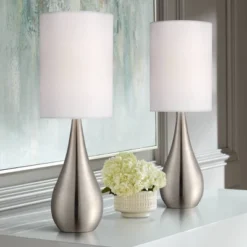 360 Lighting Evans Modern Accent Table Lamps 21" High Set Of 2 Brushed Nickel Metal Teardrop White Cylinder Shade For Bedroom Living Room House Home