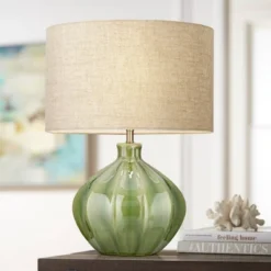 360 Lighting Gordy Modern Accent Table Lamp Handcrafted 20 1/2" High Ribbed Green Ceramic Oatmeal Fabric Drum Shade For Bedroom Living Room Bedside