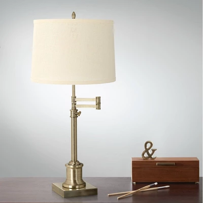 360 Lighting Traditional Swing Arm Desk Table Lamp Adjustable Height 36" Tall Antique Brass Cream Burlap Drum Shade For Living Room Bedroom 3 360 Lighting Traditional Swing Arm Desk Table Lamp Adjustable Height 36" Tall Antique Brass Cream Burlap Drum Shade For Living Room Bedroom