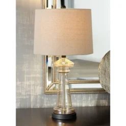 360 Lighting Table Lamp 27" Tall Clear Champagne Gold Glass Taupe Drum Shade Living Room Family Bedroom Bedside Nightstand Office