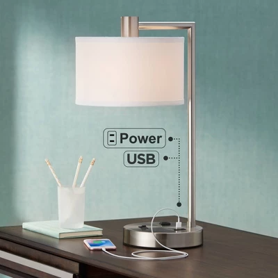 360 Lighting Colby Modern Desk Lamp 21" High Brushed Nickel With USB And AC Power Outlet In Base White Linen Drum Shade For Bedroom Living Room Office 3 360 Lighting Colby Modern Desk Lamp 21" High Brushed Nickel With USB And AC Power Outlet In Base White Linen Drum Shade For Bedroom Living Room Office
