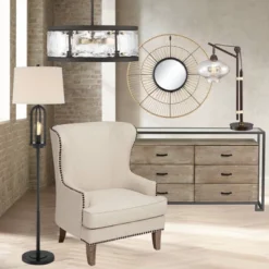 360 Lighting Marcel Rustic Farmhouse Floor Lamp 64" Tall Black Metal With LED Nightlight Natural Linen Drum Shade For Living Room Bedroom Office House -360 Lighting GUEST bca77418 0f36 4fa4 8d86 2d7570175bff