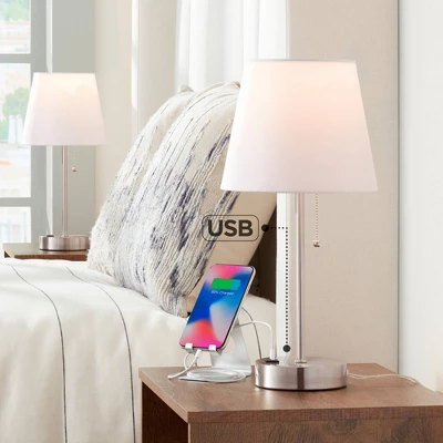 360 Lighting Justin 18" High Small Modern Accent Table Lamps Set Of 2 USB Port Pull Chain Silver Finish Metal White Shade Living Room Charging Bedroom 3 360 Lighting Justin 18" High Small Modern Accent Table Lamps Set Of 2 USB Port Pull Chain Silver Finish Metal White Shade Living Room Charging Bedroom