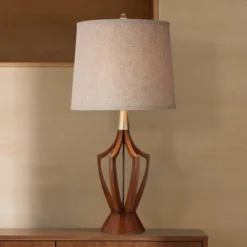 360 Lighting St. Claire Modern Mid Century Table Lamp 30 3/4" Tall Wood Open Vase Taupe Drum Shade For Bedroom Living Room Bedside Nightstand Office