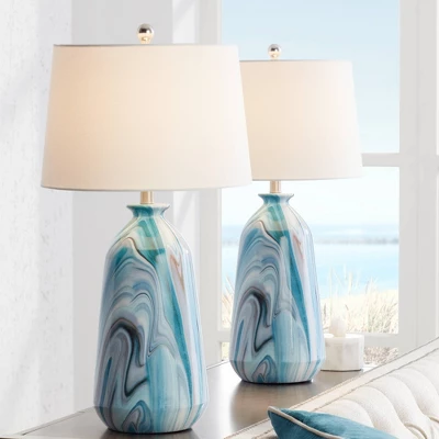 360 Lighting Carlton Modern Coastal Table Lamps 28" Tall Set Of 2 Swirling Blue Faux Marble White Tapered Drum Shade For Bedroom Living Room Bedside 3 360 Lighting Carlton Modern Coastal Table Lamps 28" Tall Set Of 2 Swirling Blue Faux Marble White Tapered Drum Shade For Bedroom Living Room Bedside