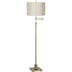 360 Lighting Swing Arm Floor Lamp Adjustable Height 70" Tall Antique Brass Off White Embroidered Hourglass Fabric Drum Shade Living Room