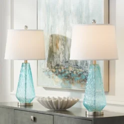 360 Lighting Dylan Modern Coastal Table Lamps 27 1/2" Tall Set Of 2 Blue Textured Diamond Glass White Fabric Drum Shade For Bedroom Living Room House