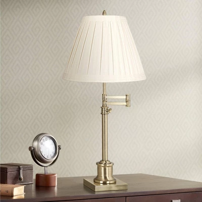 360 Lighting Swing Arm Desk Table Lamp 36" Tall Antique Brass Box Pleated Creme Linen Empire Shade For Living Room Bedroom Office Family 3 360 Lighting Swing Arm Desk Table Lamp 36" Tall Antique Brass Box Pleated Creme Linen Empire Shade For Living Room Bedroom Office Family