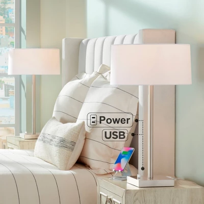 360 Lighting Andre 26 3/4" Tall Mid Century Modern Table Lamps Set Of 2 USB Port AC Power Outlet Silver Finish Metal White Shade Living Room Charging 3 360 Lighting Andre 26 3/4" Tall Mid Century Modern Table Lamps Set Of 2 USB Port AC Power Outlet Silver Finish Metal White Shade Living Room Charging