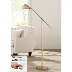360 Lighting Traditional Pharmacy Floor Lamp With USB Charging Port 55" Tall Brass Dome Shade Adjustable Arm For Living Room Reading